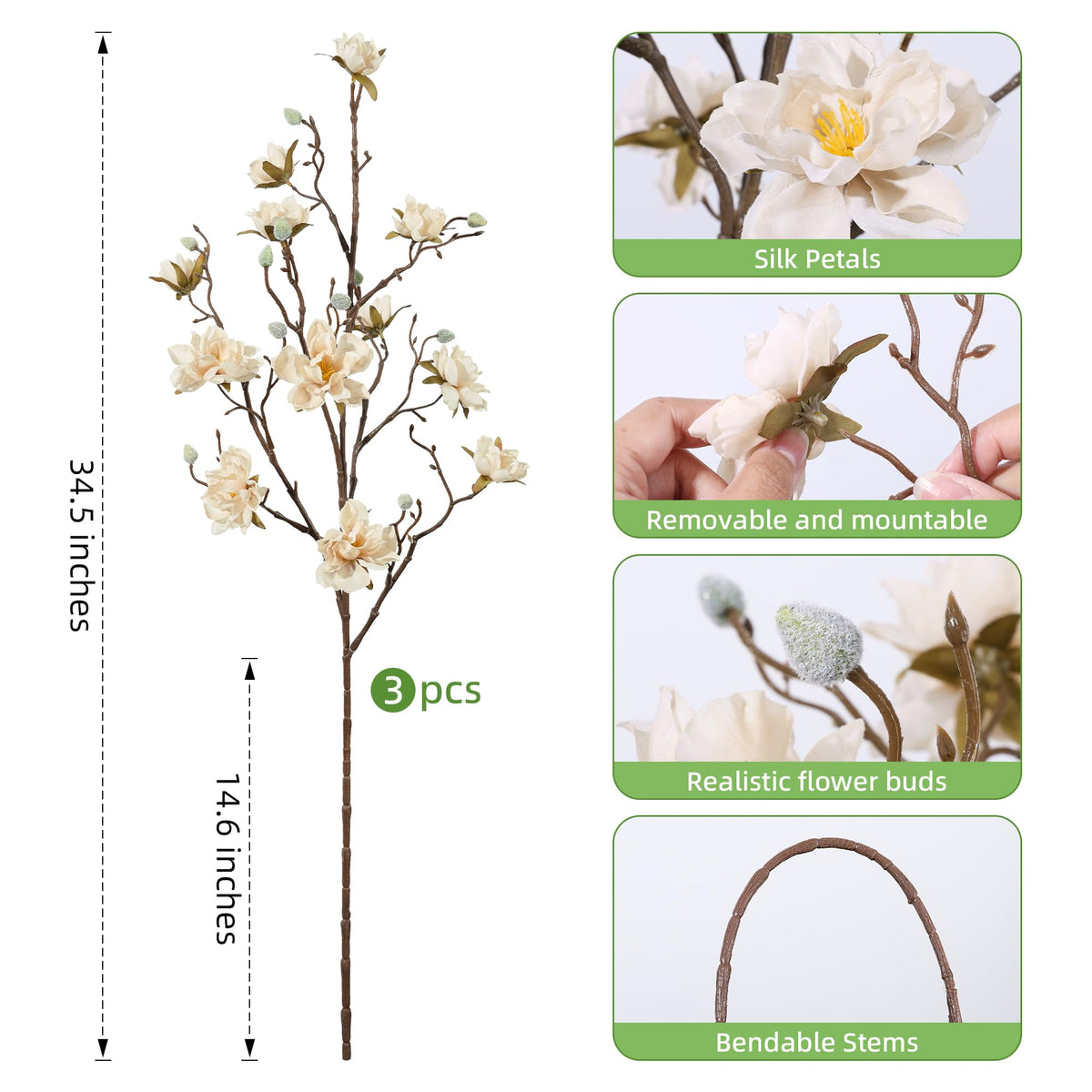 Hyeflora silk magnolia blooms add natural texture to vases.