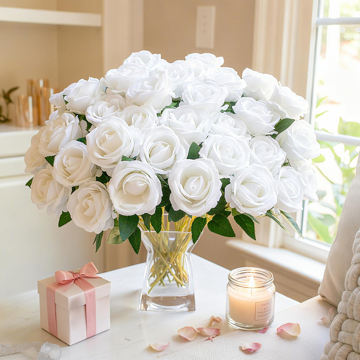 HyeFlora wedding centerpiece setup with realistic white roses.