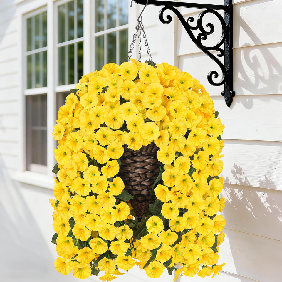 Hyeflora yellow morning glory basket close-up, ideal porch decor.