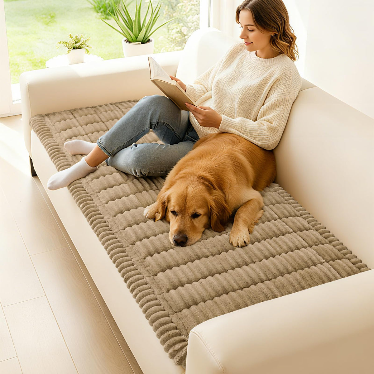 Hyha three-cushion sofa cover in khaki offers cozy pet-friendly protection.