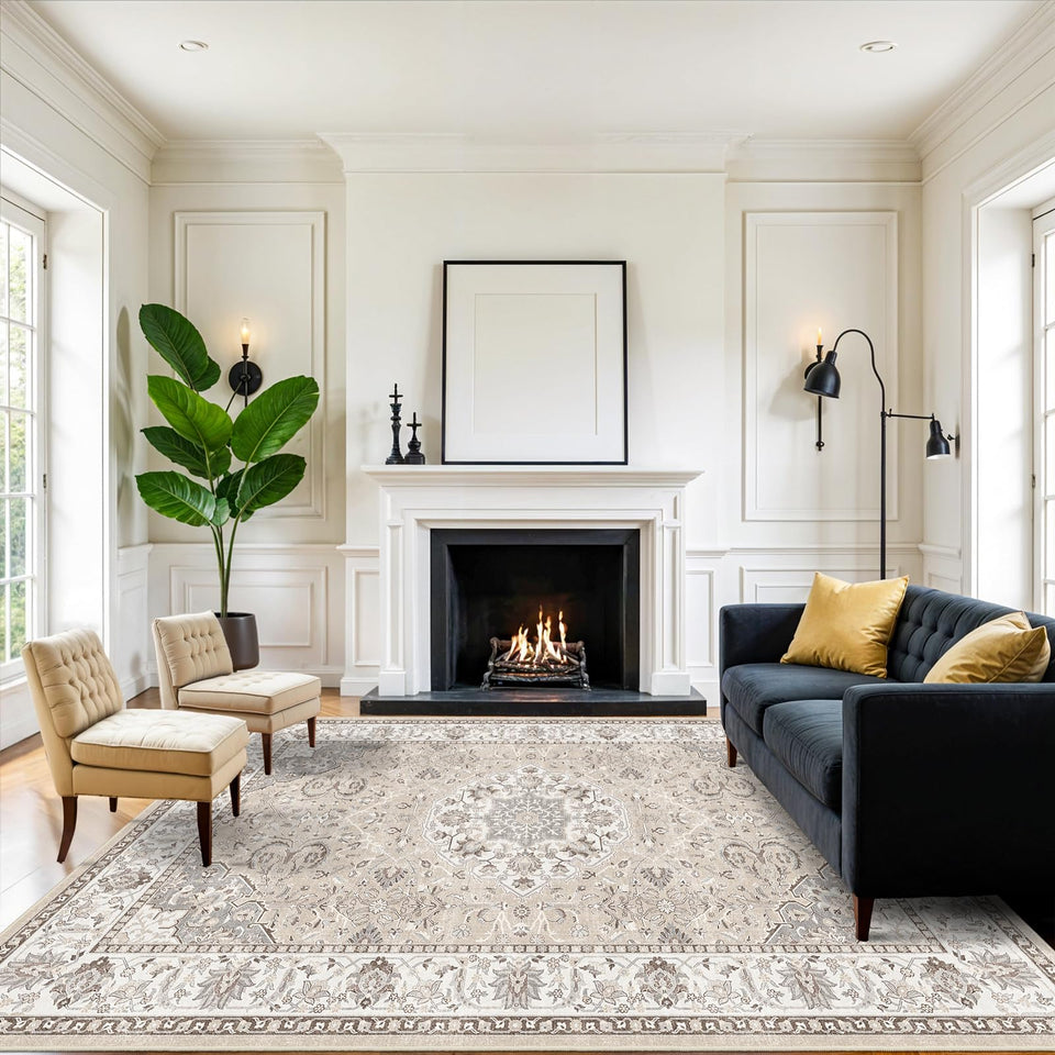 HY Hao Yun Lai 8x10 beige living room rug with a classic medallion pattern, adds warmth and style.