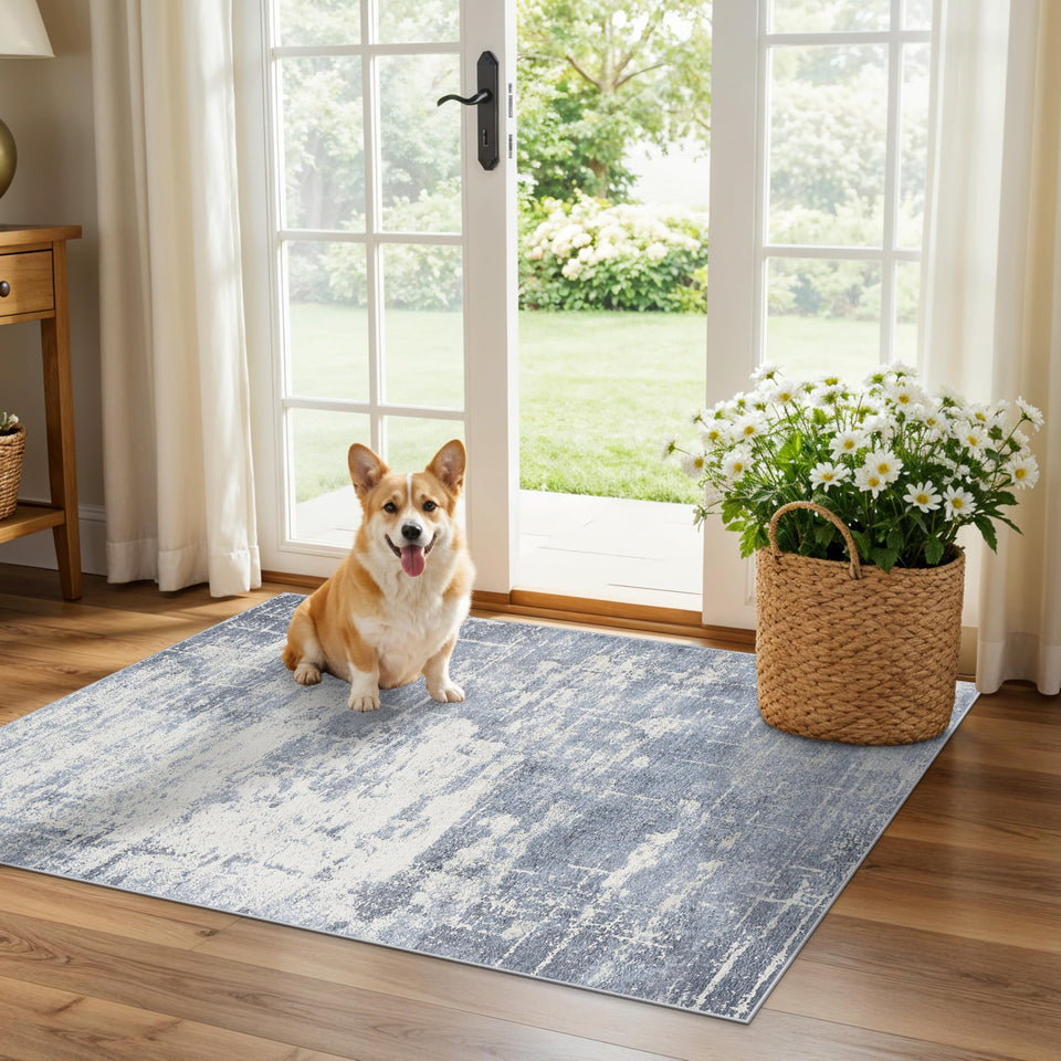 HY HAO YUN LAI entryway rug in blue-ivory abstract design, ideal for busy foyers.