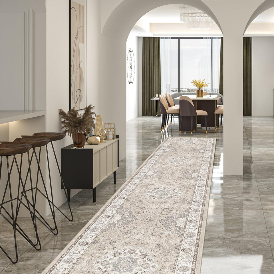 HY Hao Yun Lai hallway runner in beige texture adds subtle style to entryways.