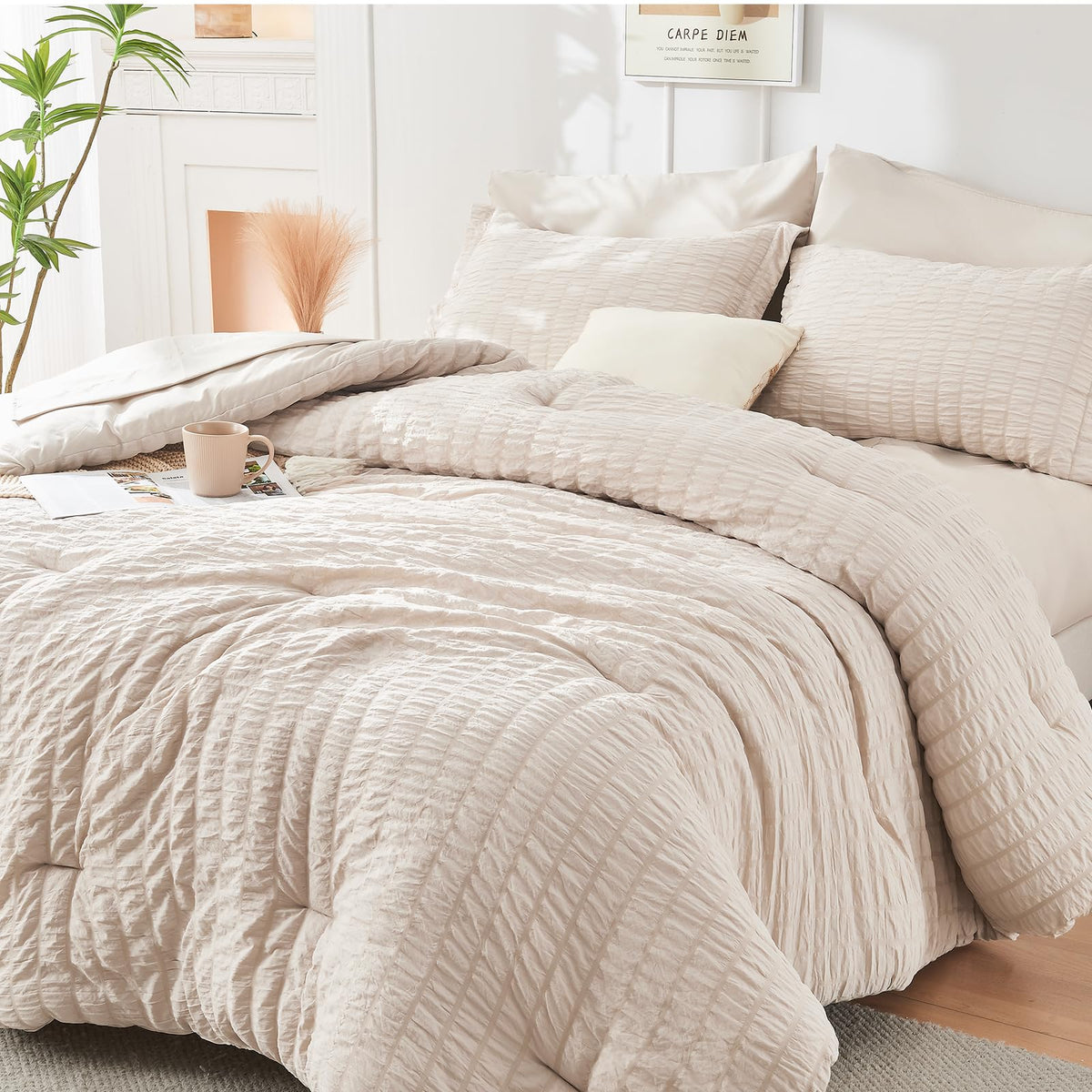 HYMOKEGE beige full-size seersucker comforter set closeup highlighting soft texture and premium look.