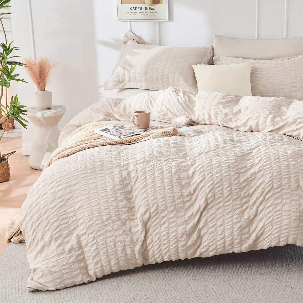 HYMOKEGE beige queen deep-pocket fitted sheet stays put on mattress