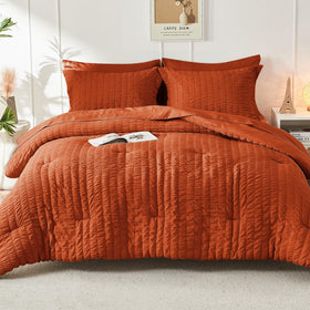 HYMOKEGE Burnt Orange bedroom scene showcases elegant all-season bedding ensemble
