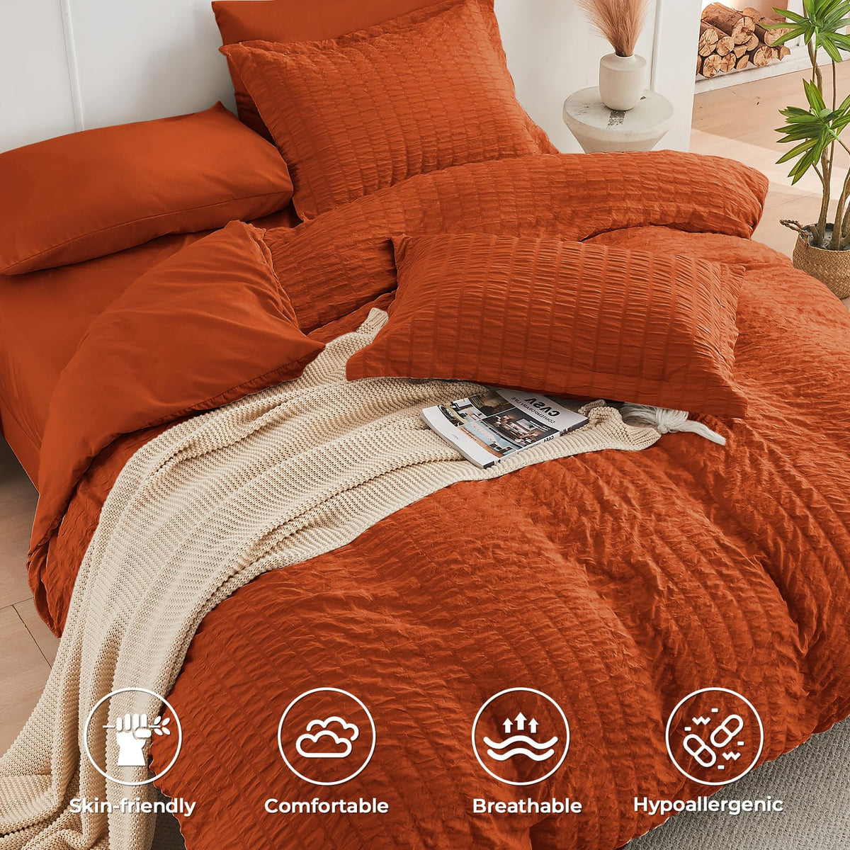 HYMOKEGE Burnt Orange queen pillow sham with envelope closure for tidy look