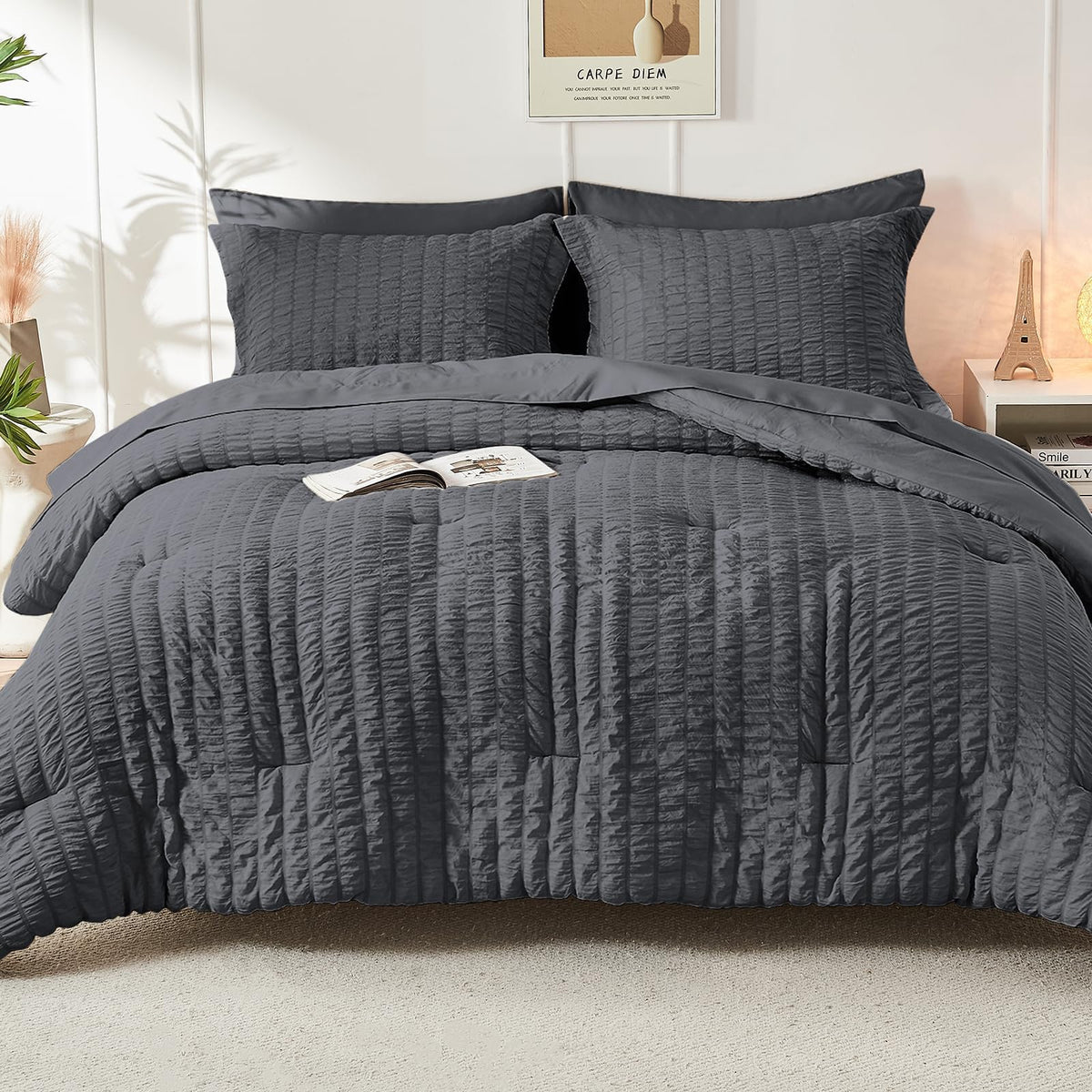 HYMOKEGE seersucker stripes add romantic texture to any bedroom.