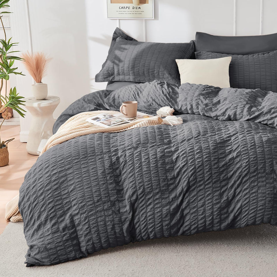 HYMOKEGE dark grey duvet cover queen with seersucker texture for elegant depth and wrinkle resistance