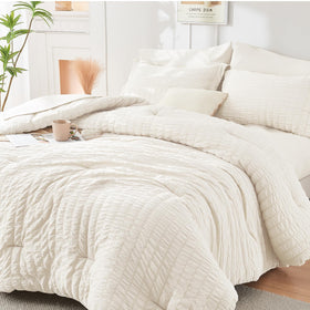 HYMOKEGE Ivory seersucker comforter full set with all-season warmth