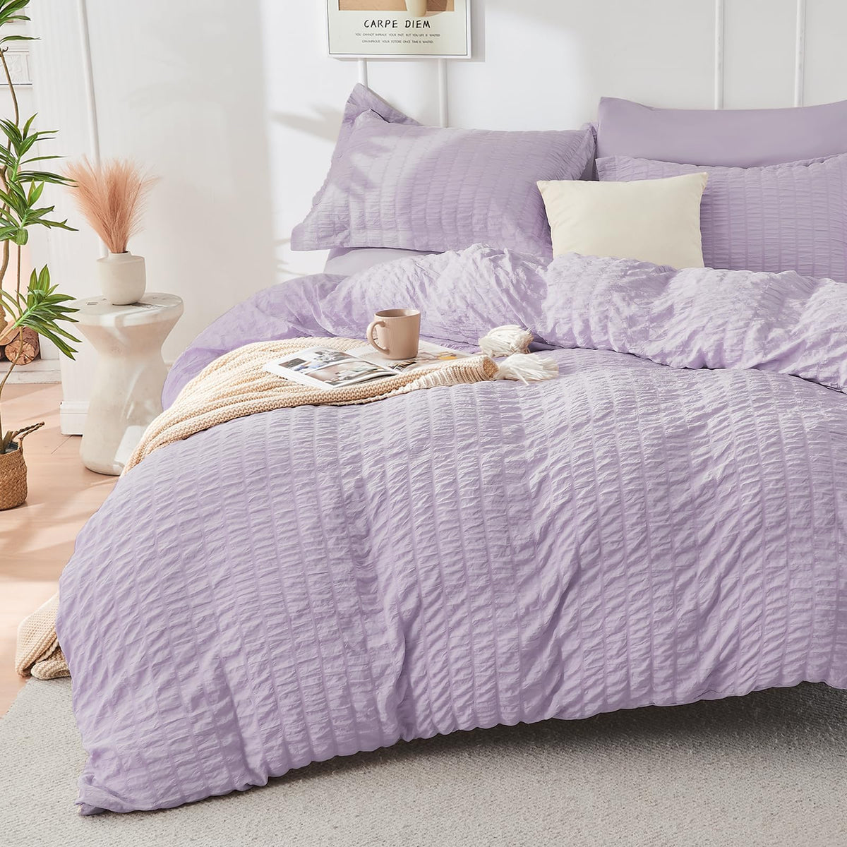 HYMOKEGE Lavender Queen Textured Seersucker Closeup, elegant romantic bedding texture.