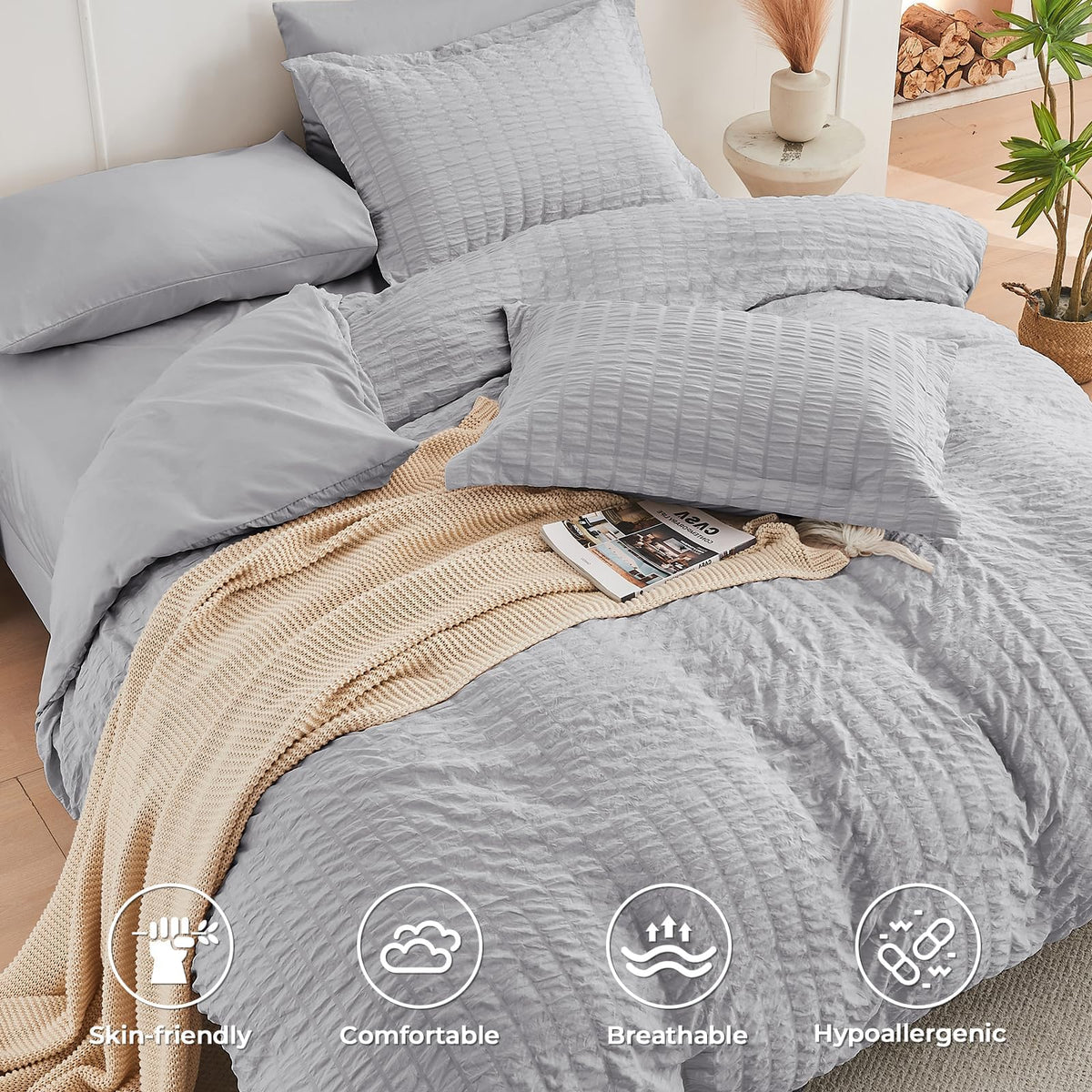HYMOKEGE queen duvet cover set with eight corner ties for secure, smooth sleeping.