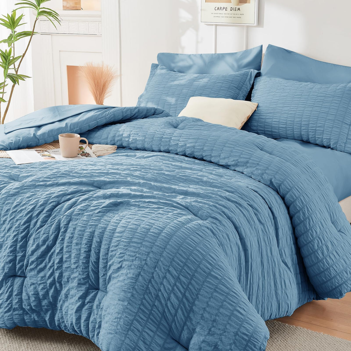 HYMOKEGE Mineral Blue queen comforter set, overall view, showcasing all-season cozy appeal.