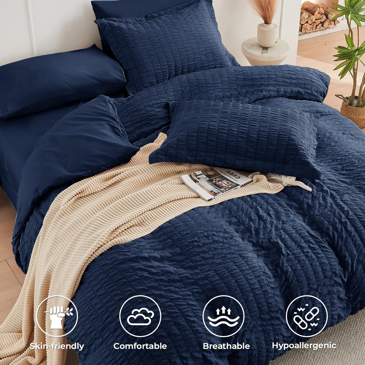 HYMOKEGE navy blue duvet cover queen, close-up seersucker texture showcase