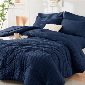 HYMOKEGE navy blue king comforter with seersucker texture for year round comfort
