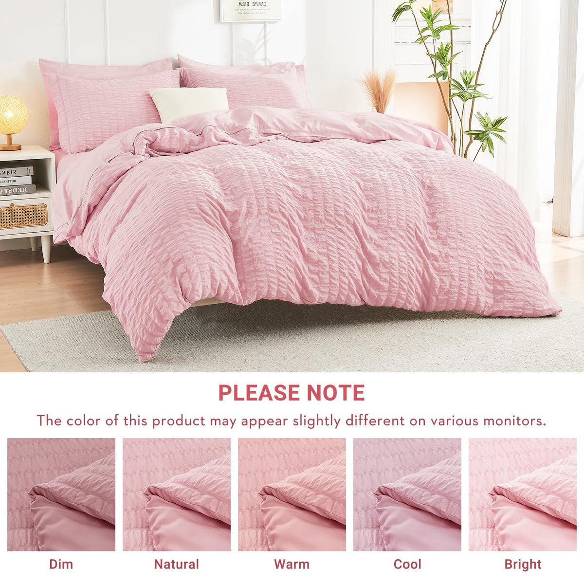 HYMOKEGE Pink Queen bedding on a styled bedroom setup.