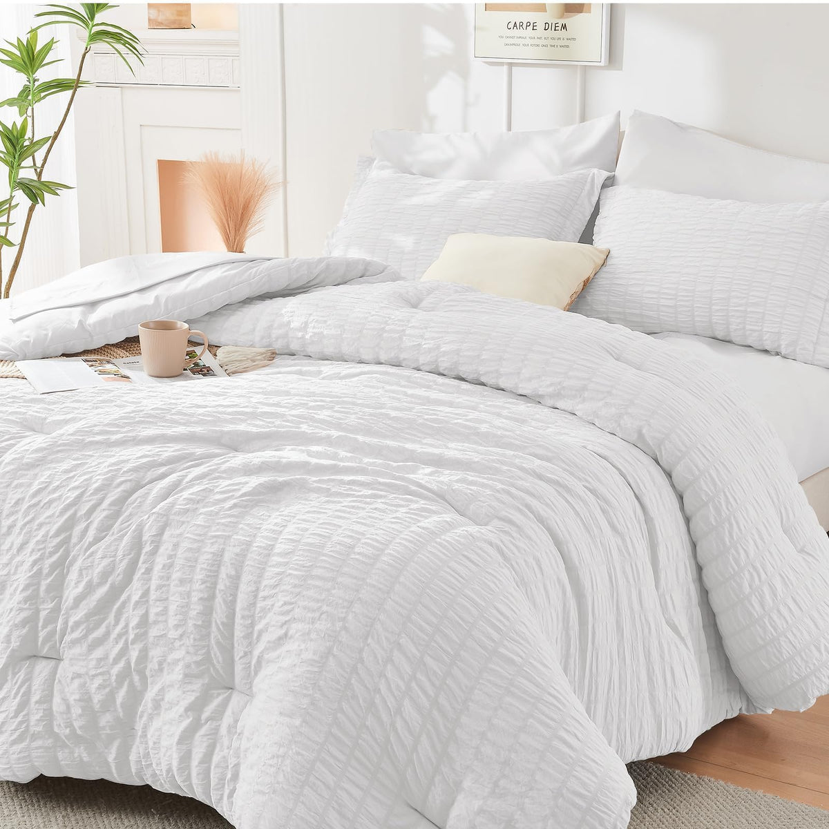 HYMOKEGE White Queen comforter set with seersucker texture offers breathable all-season comfort.