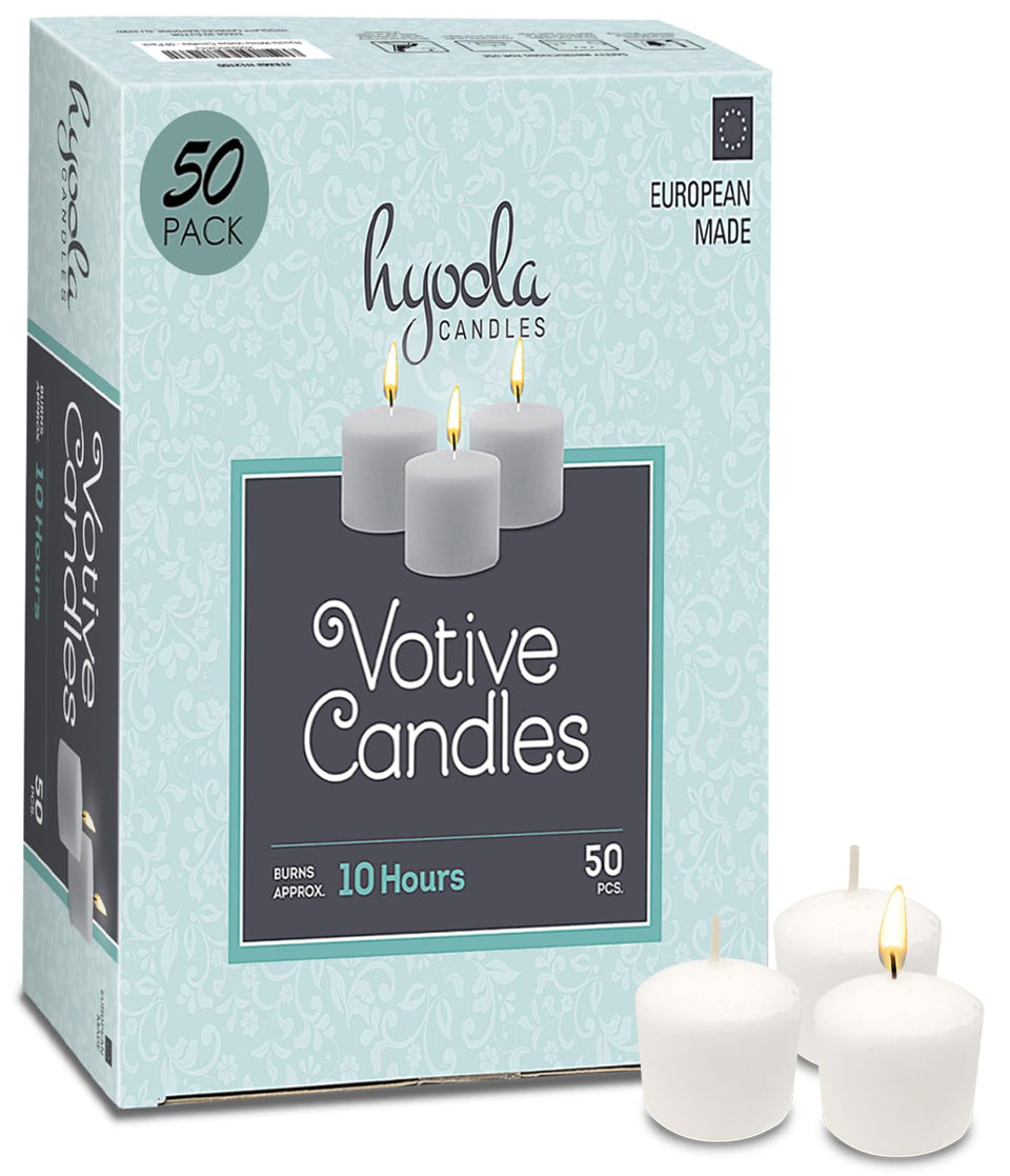 Hyoola votive candles with 10-hour burn provide steady white light for elegant table setups.