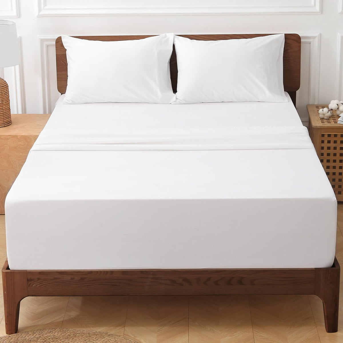 HYPREST bedroom setup with white sheets creates inviting sleep ambiance.