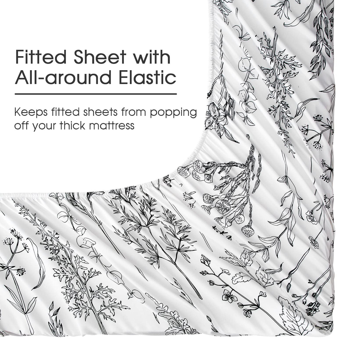 HYPREST Floral Sheets deep pocket image illustrating secure fit on an 18-inch mattress.