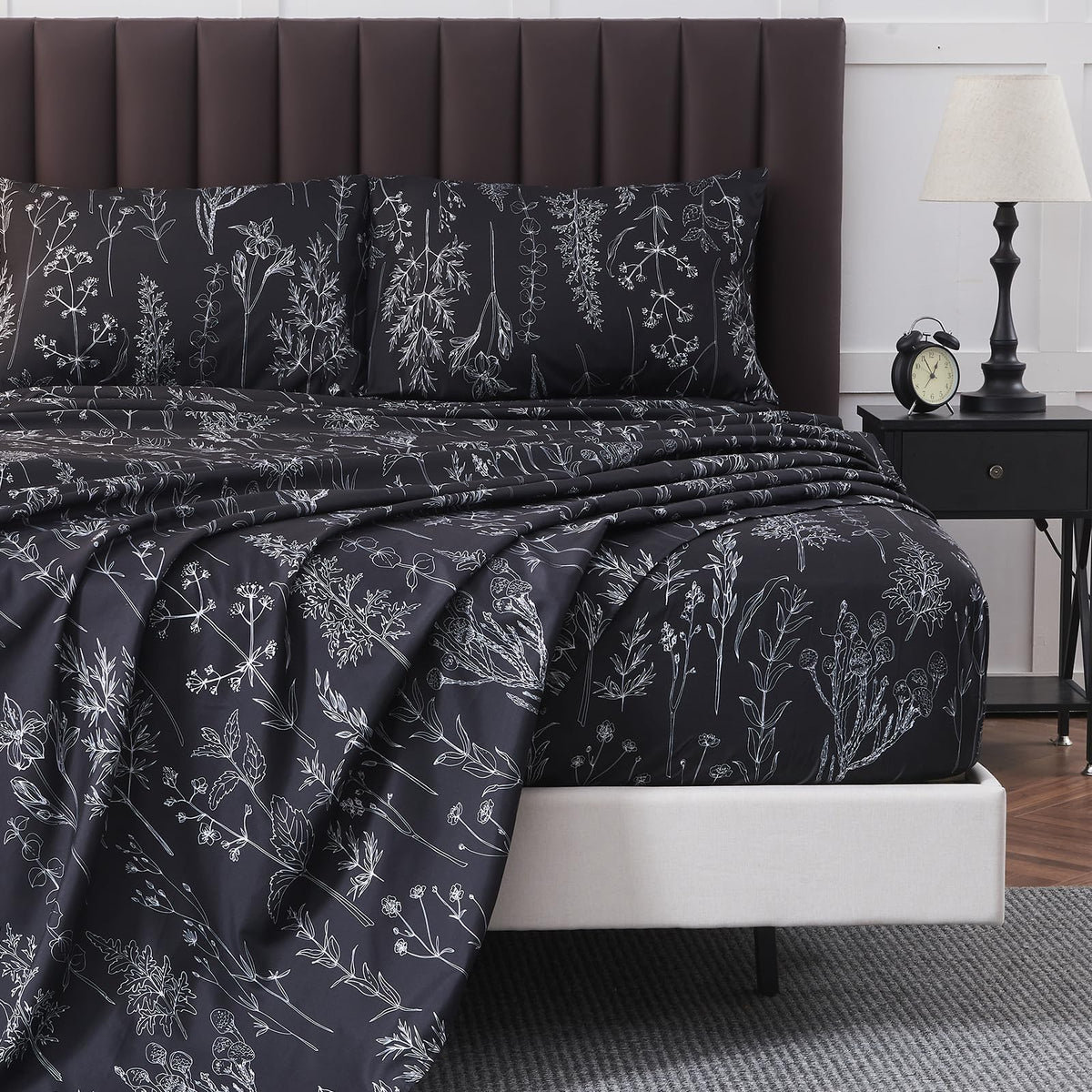 HYPREST Grey Black Sheets king flat sheet with soft floral print for cozy sleep