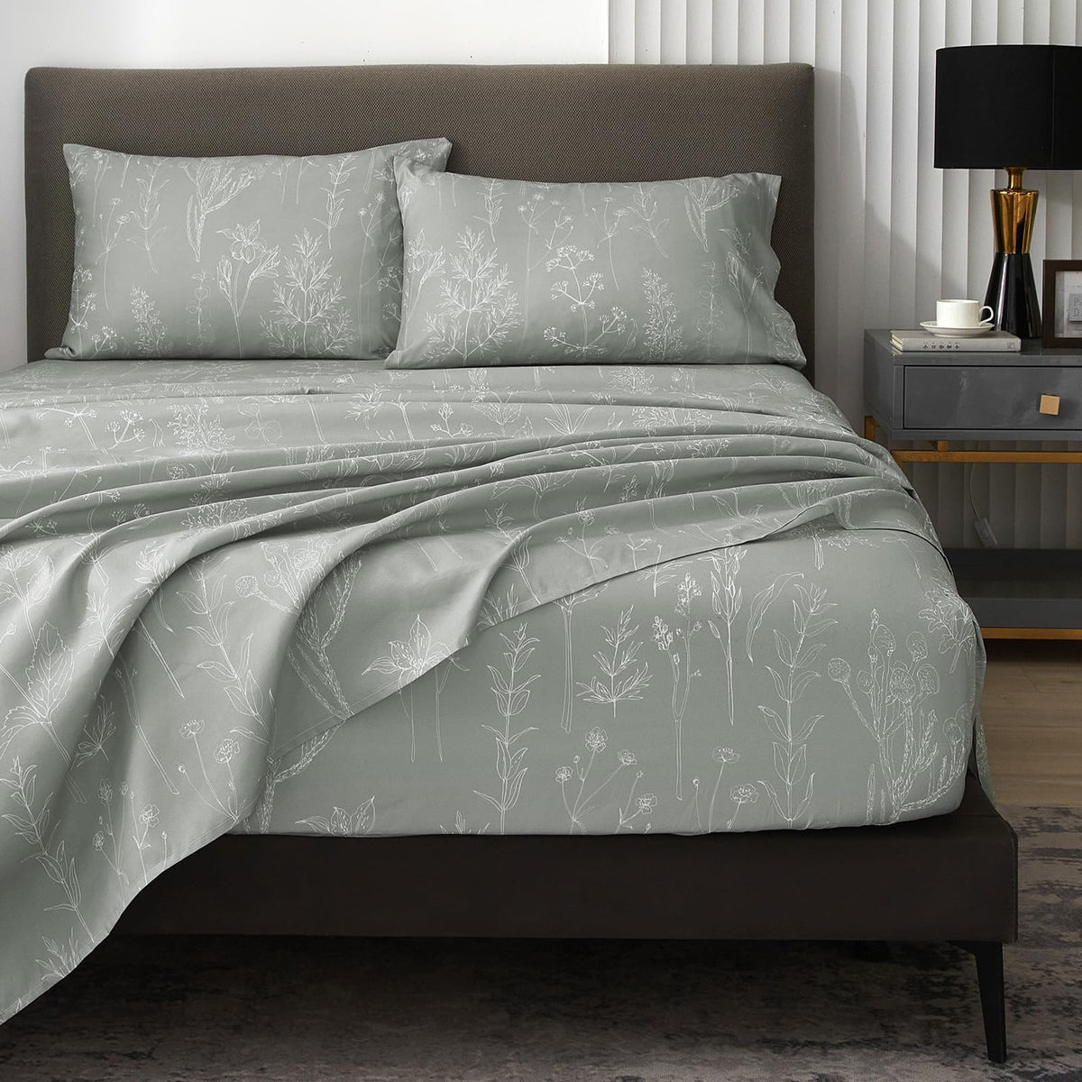 HYPREST Grey King Size sheets with botanical pattern for soft luxury.