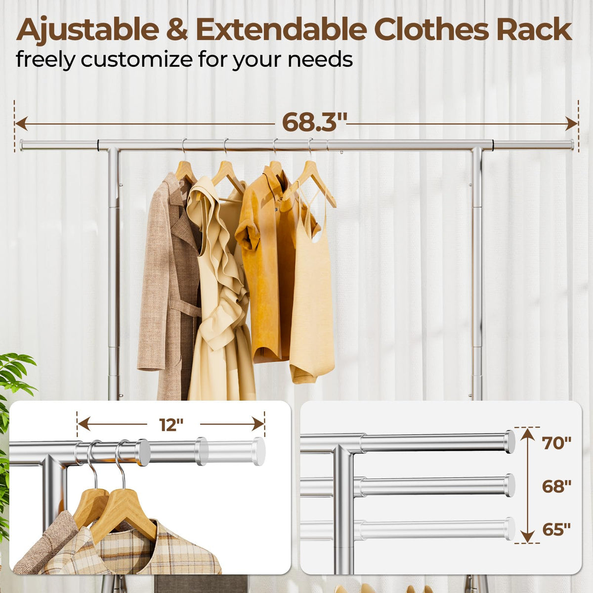 HYSEYY adjustable rod extended demonstrates flexible hanging space.