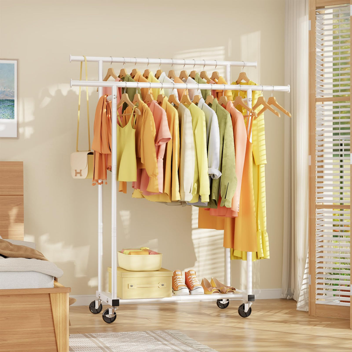 HYSEYY durable wardrobe on wheels for bedroom, laundry, or living room.