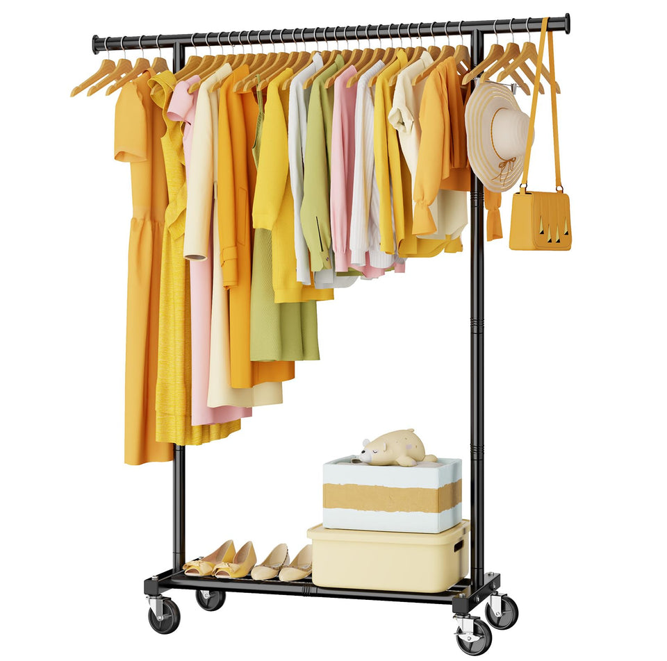 HYSEYY clothes rack with extended bar for versatile hanging space.