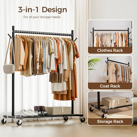 HYSEYY Clothes Rack bottom storage bar helps organize bins and shoes.