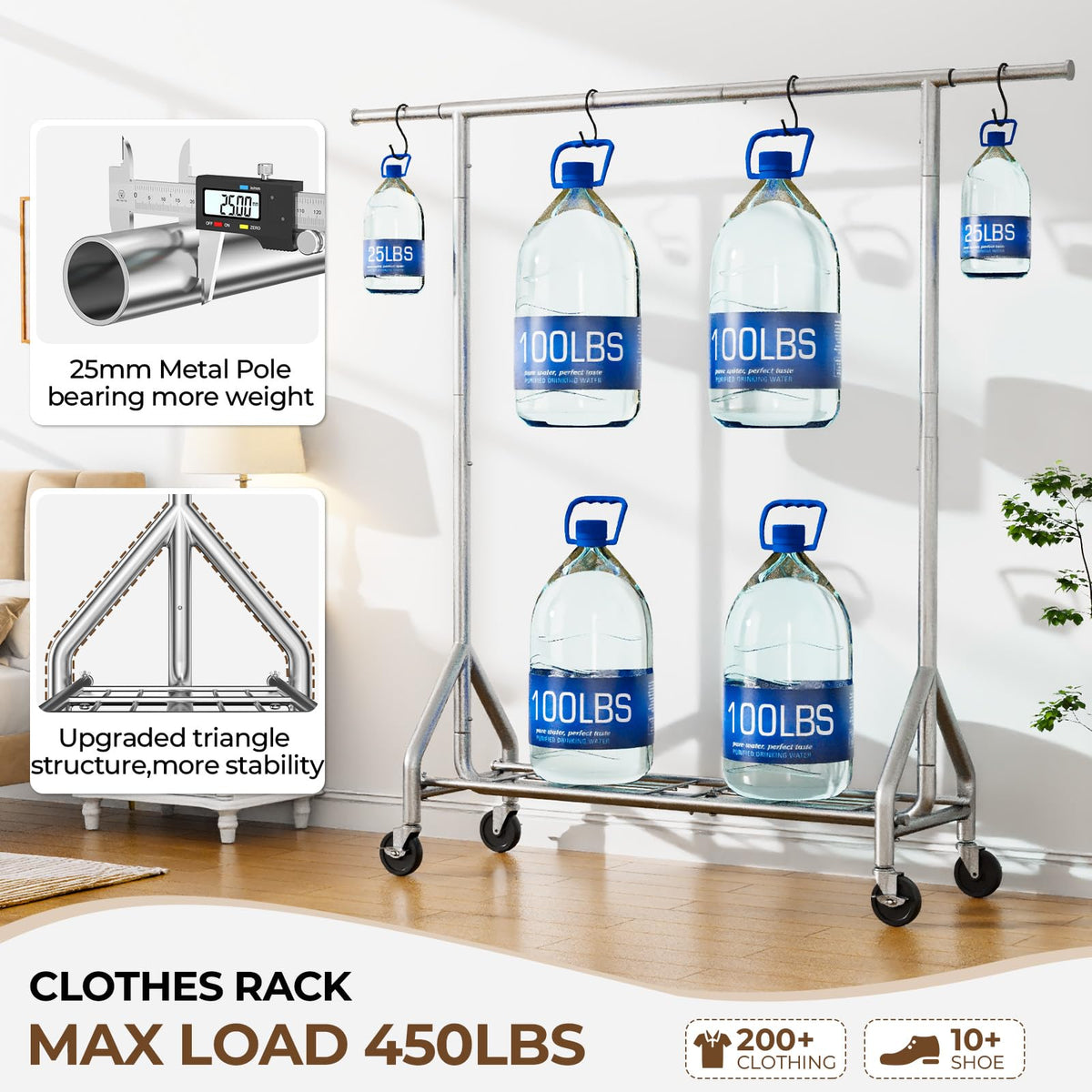 HYSEYY clothes rack on wheels enables smooth movement around rooms.