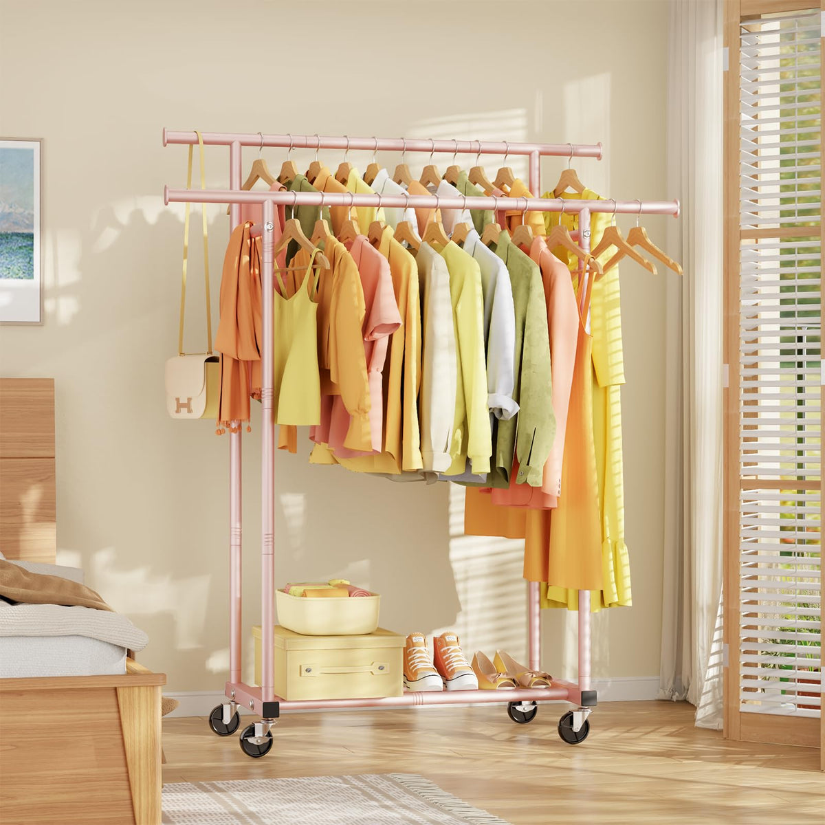 HYSEYY pink rack used in living room for laundry organization