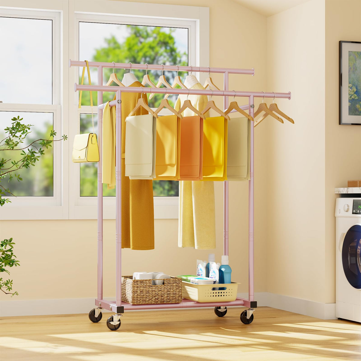 HYSEYY pink rack with lockable casters ready to position