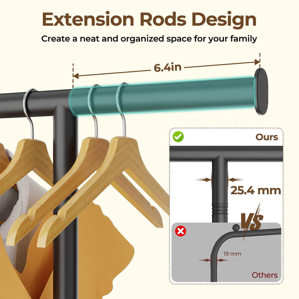 HYSEYY rolling garment rack shown with smooth wheels for easy movement.
