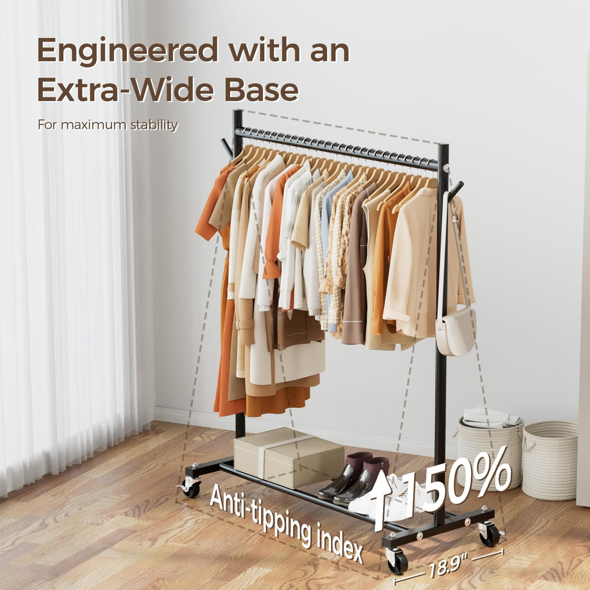 HYSEYY rolling rack on wheels offers easy relocation for room reorganization.