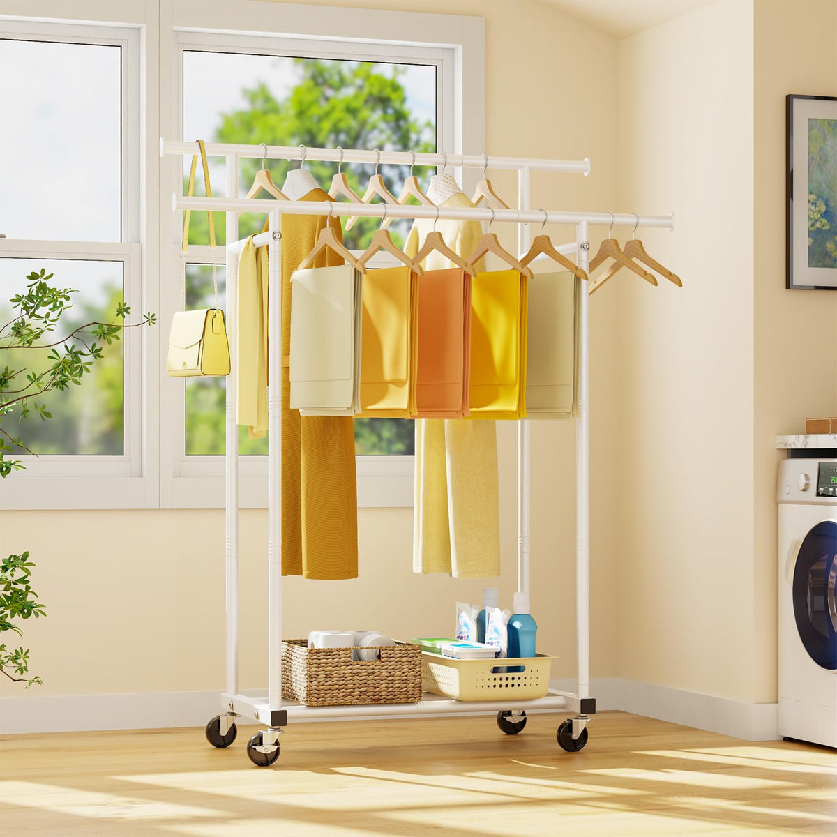 HYSEYY versatile coat rack with wheels for flexible room setups.