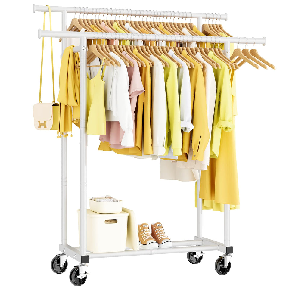 HYSEYY double rods clothes rack front view for organized wardrobe storage.
