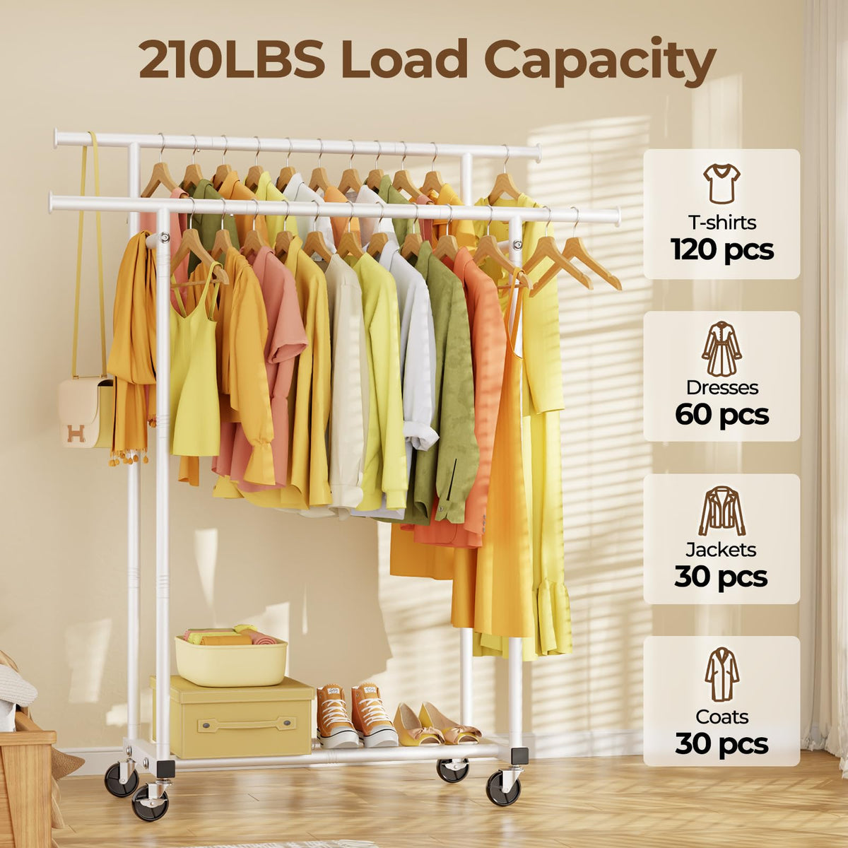 HYSEYY double rods clothes rack side view reveals extra hanging extensions.