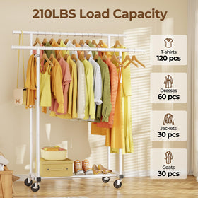 HYSEYY double rods clothes rack side view reveals extra hanging extensions.