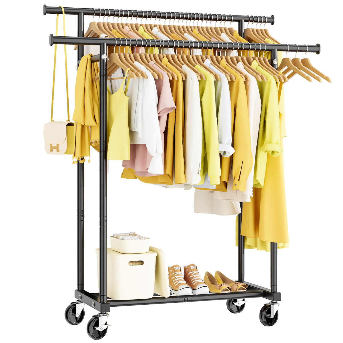 HYSEYY double-rod top rod design for hanging dresses and outfits.