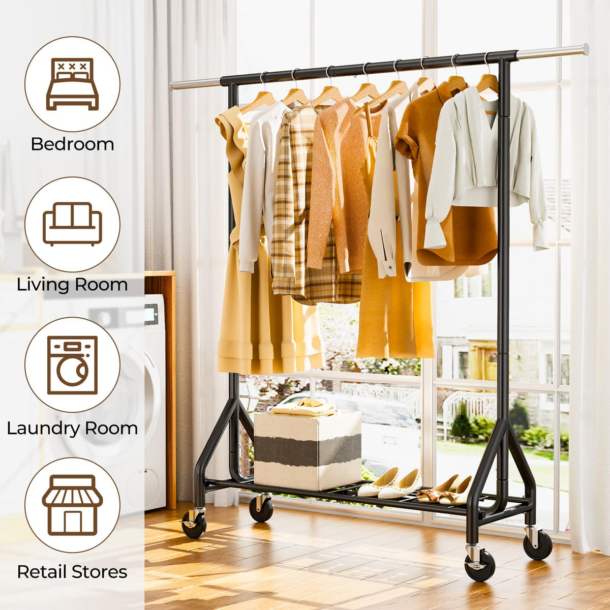 HYSEYY black finish rack easily moves between rooms