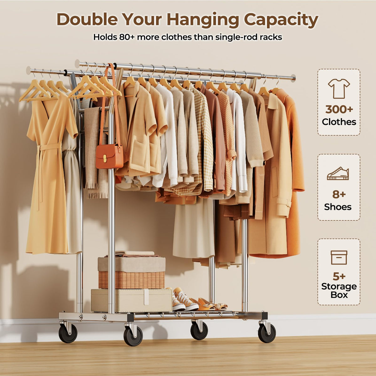 HYSEYY heavy-duty rack front view showing large capacity and dual-rod design.