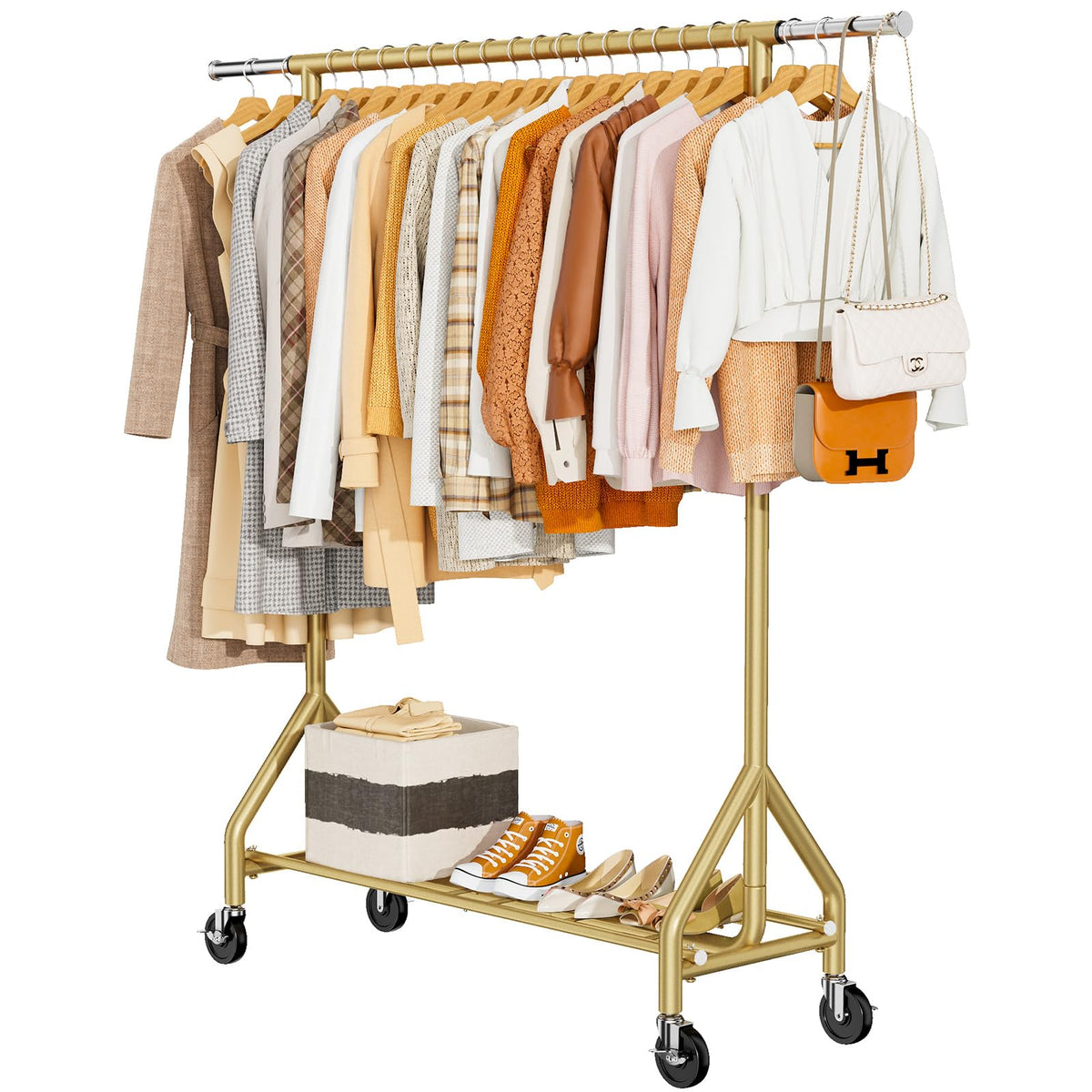 HYSEYY heavy-duty rack front view with gold finish and robust frame for bulky garments