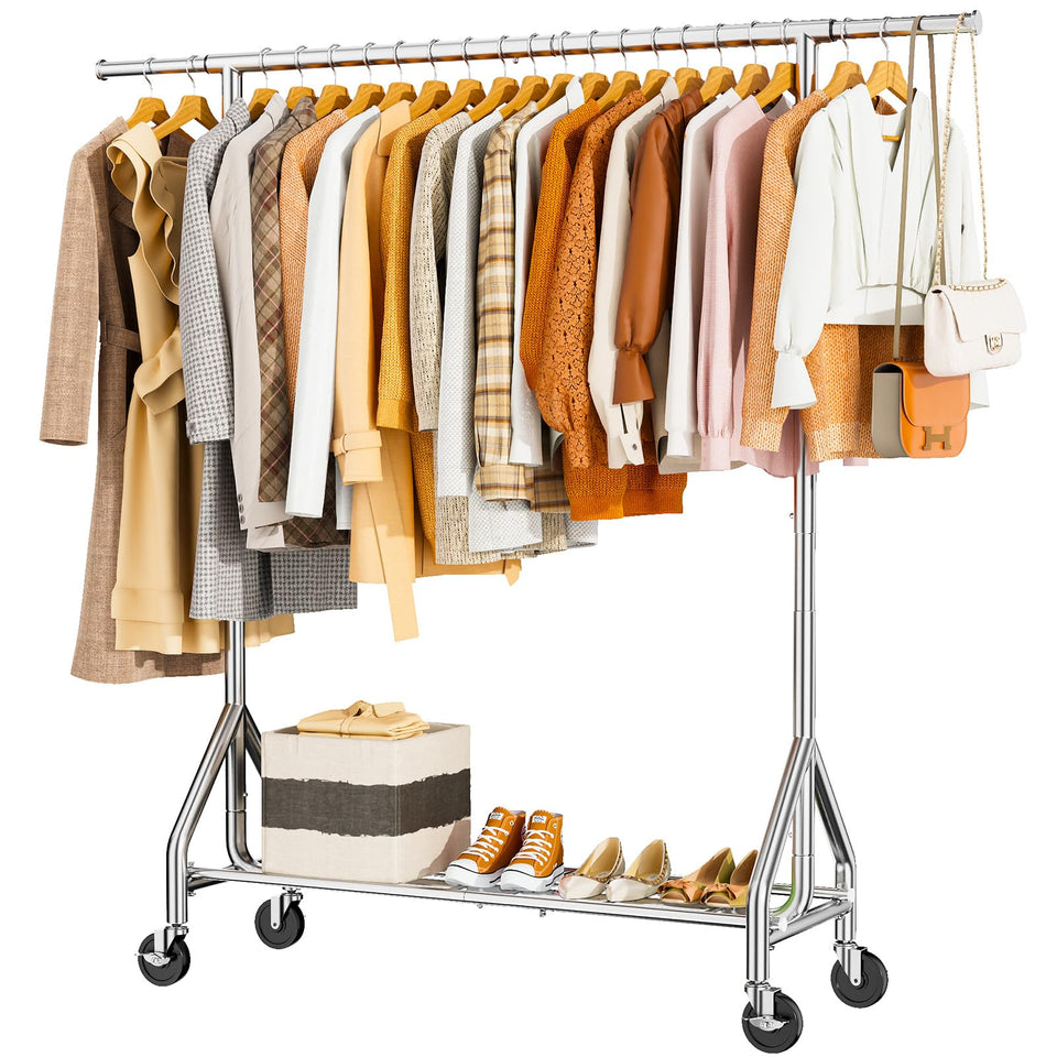 HYSEYY heavy-duty clothes rack front view demonstrates sturdy construction for heavy garments.