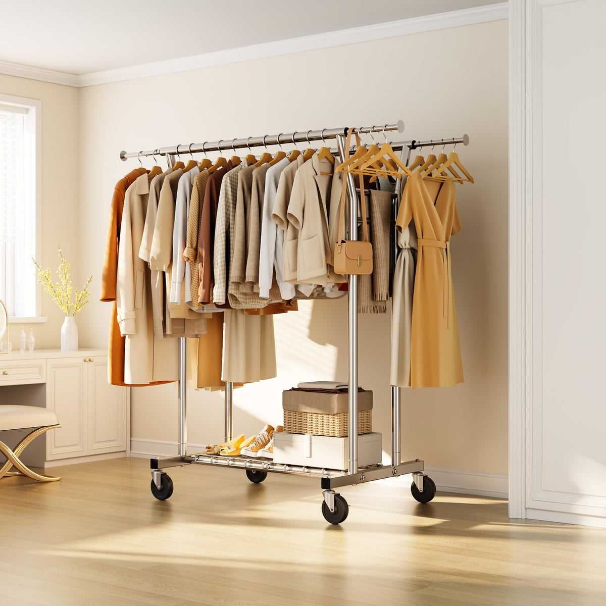 HYSEYY in-use photo with garments on hangers and shoes on shelf.