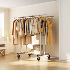 HYSEYY in-use photo with garments on hangers and shoes on shelf.