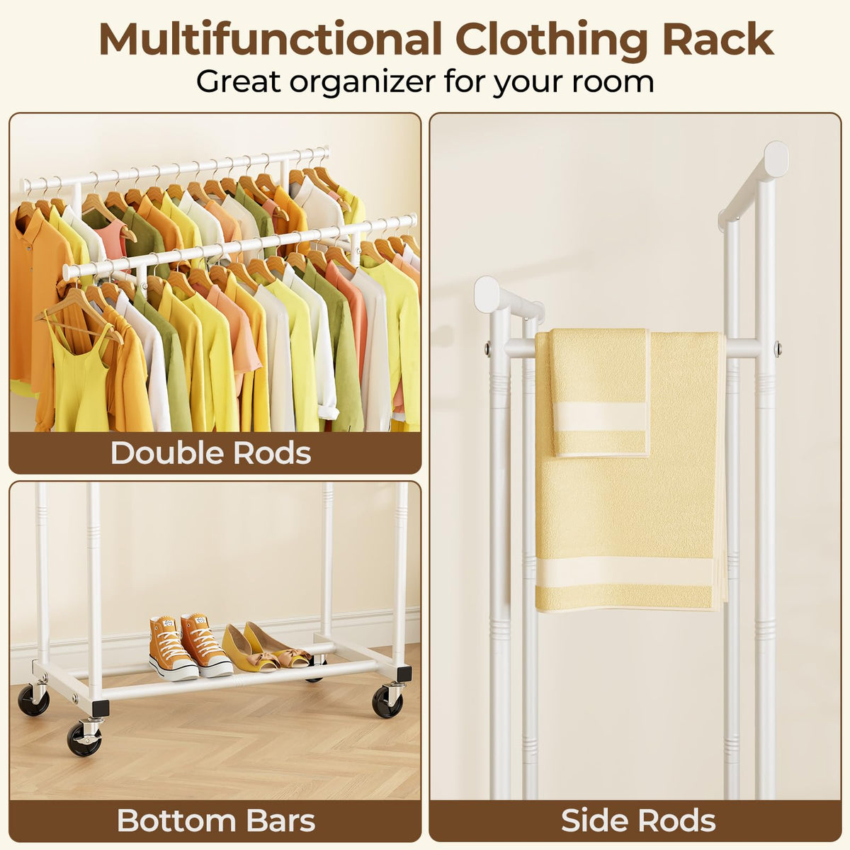 HYSEYY rolling clothes rack wheels enable smooth movement on any floor.
