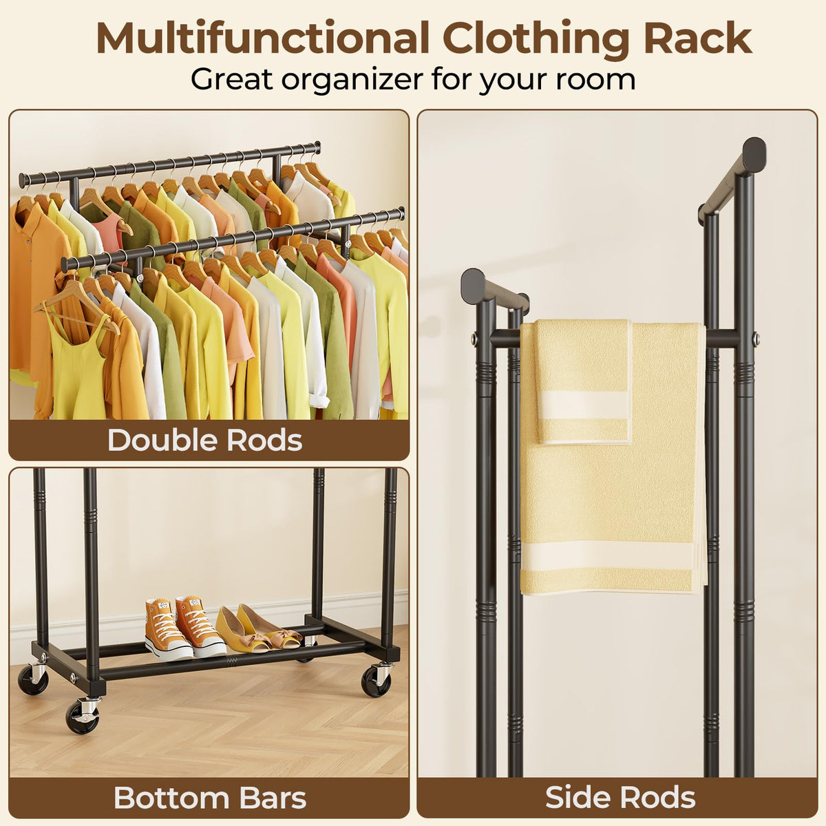 HYSEYY side extension rods add space for bags and accessories.