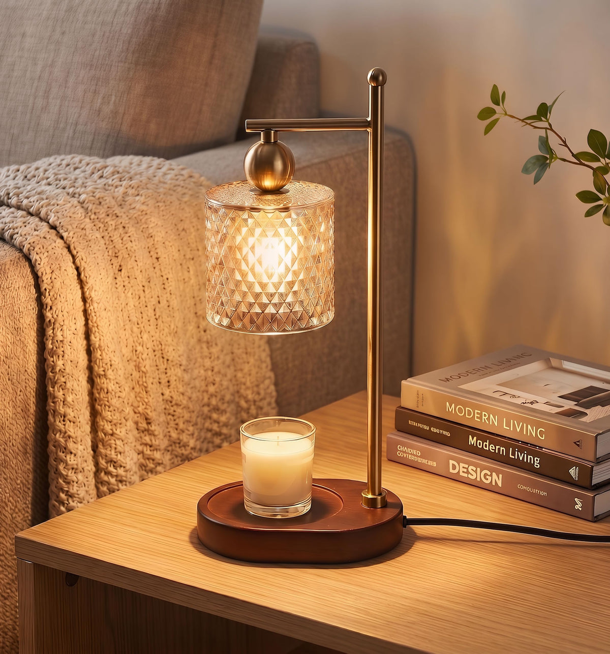 HYTGK glass candle warmer on wooden base with timer and dimming features