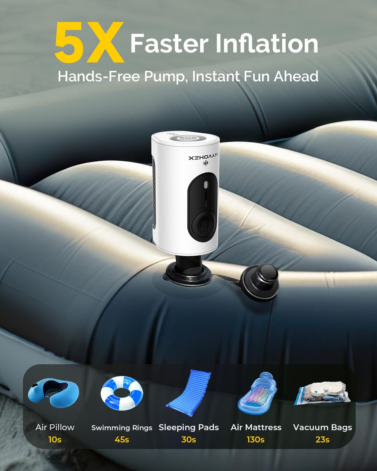 HYVOHEX pump delivers 360L/min airflow for rapid inflating of sleeping pads.